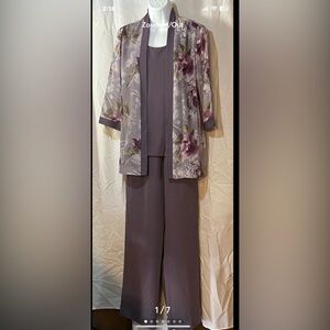 Two piece lavender floral pant suit.